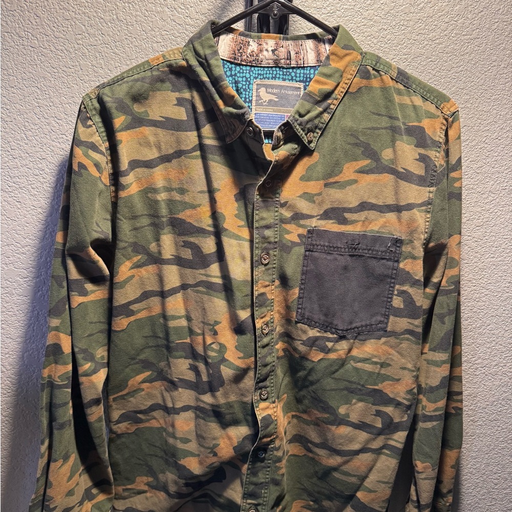 Modern Amusement Green and Brown Camo Button Down Shirt